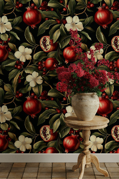 Rich Burgundy Pomegranate Floral Wallpaper