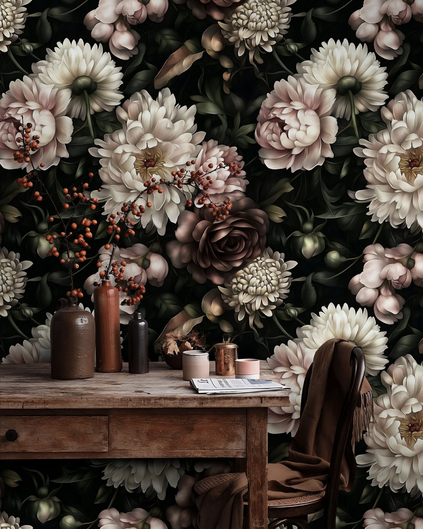 Dark Floral Wallpaper Removable Wall Decor