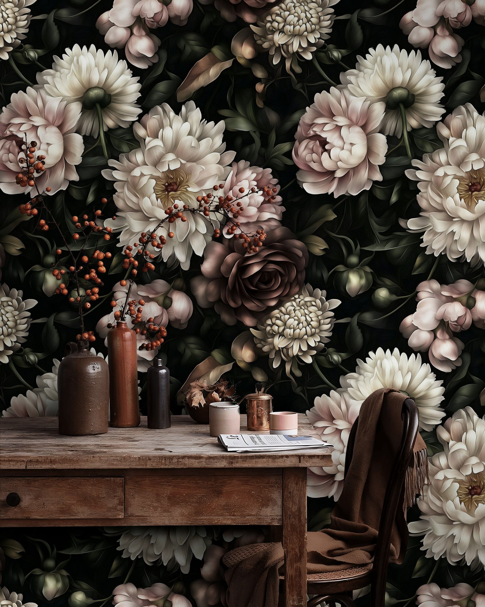 Dark Elegant Peony Floral Wallpaper