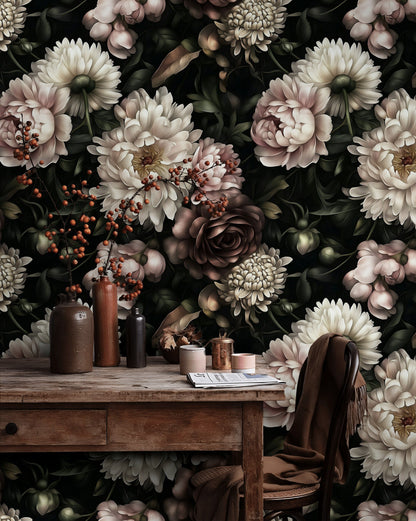 Dark Elegant Peony Floral Wallpaper