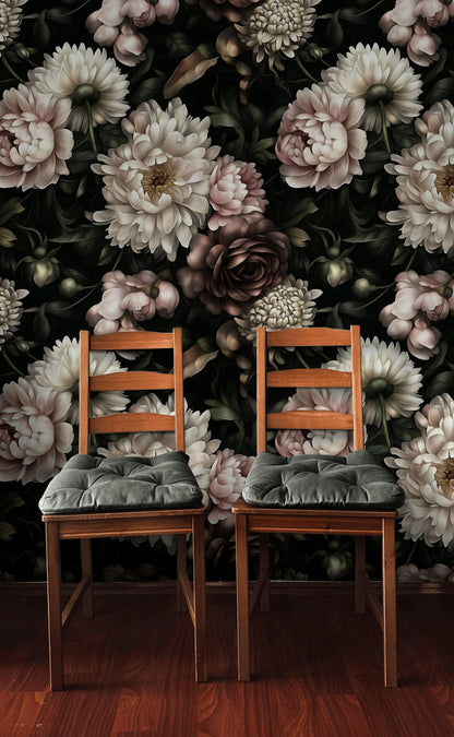 Dark Elegant Peony Floral Wallpaper