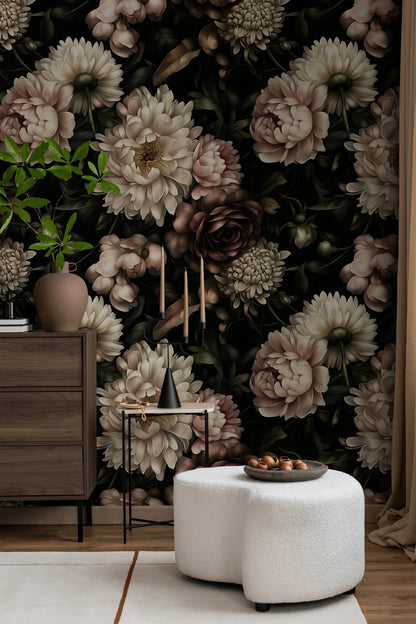 Dark Elegant Peony Floral Wallpaper