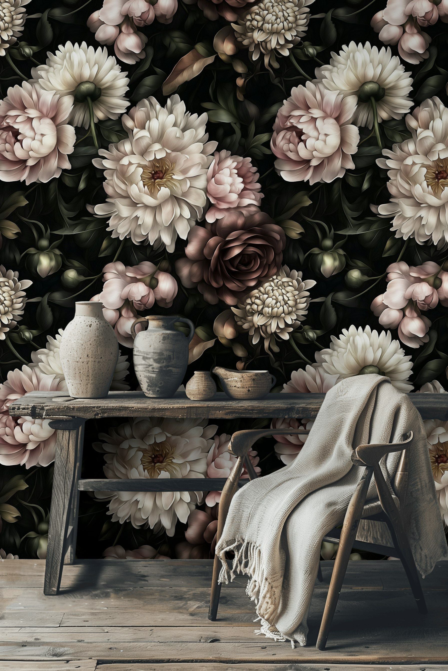 Dark Elegant Peony Floral Wallpaper