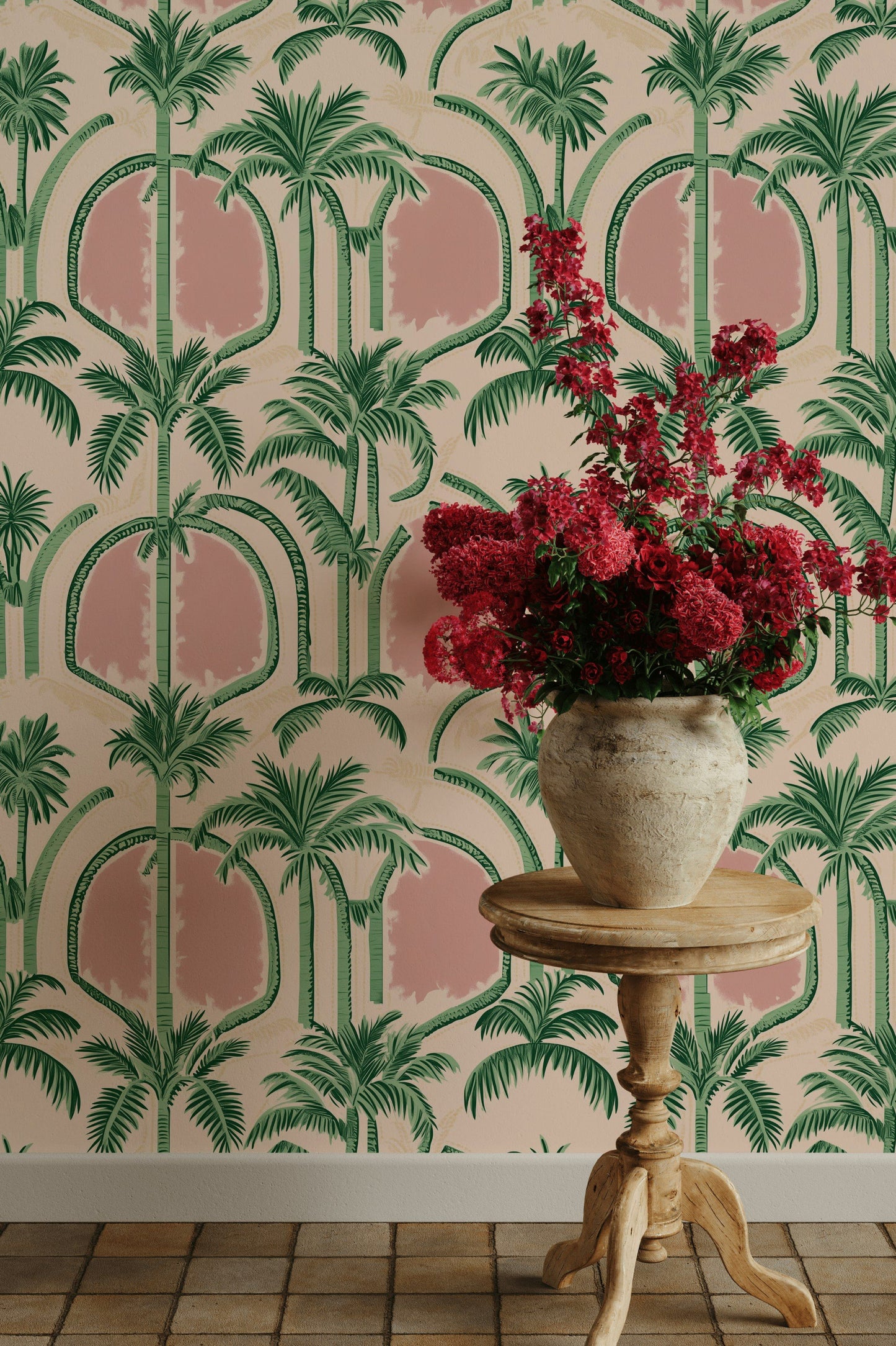 Palm Paradise Arch Wallpaper Retro Pink & Green Wall Mural