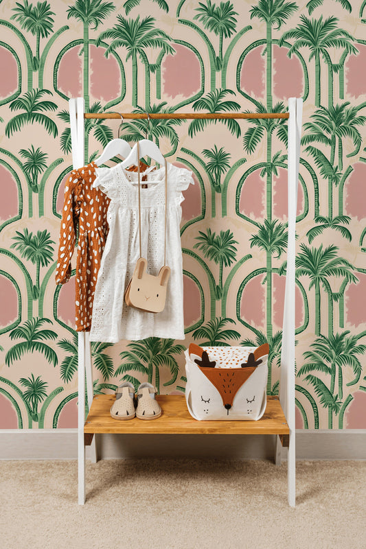 Palm Paradise Arch Wallpaper Retro Pink & Green Wall Mural
