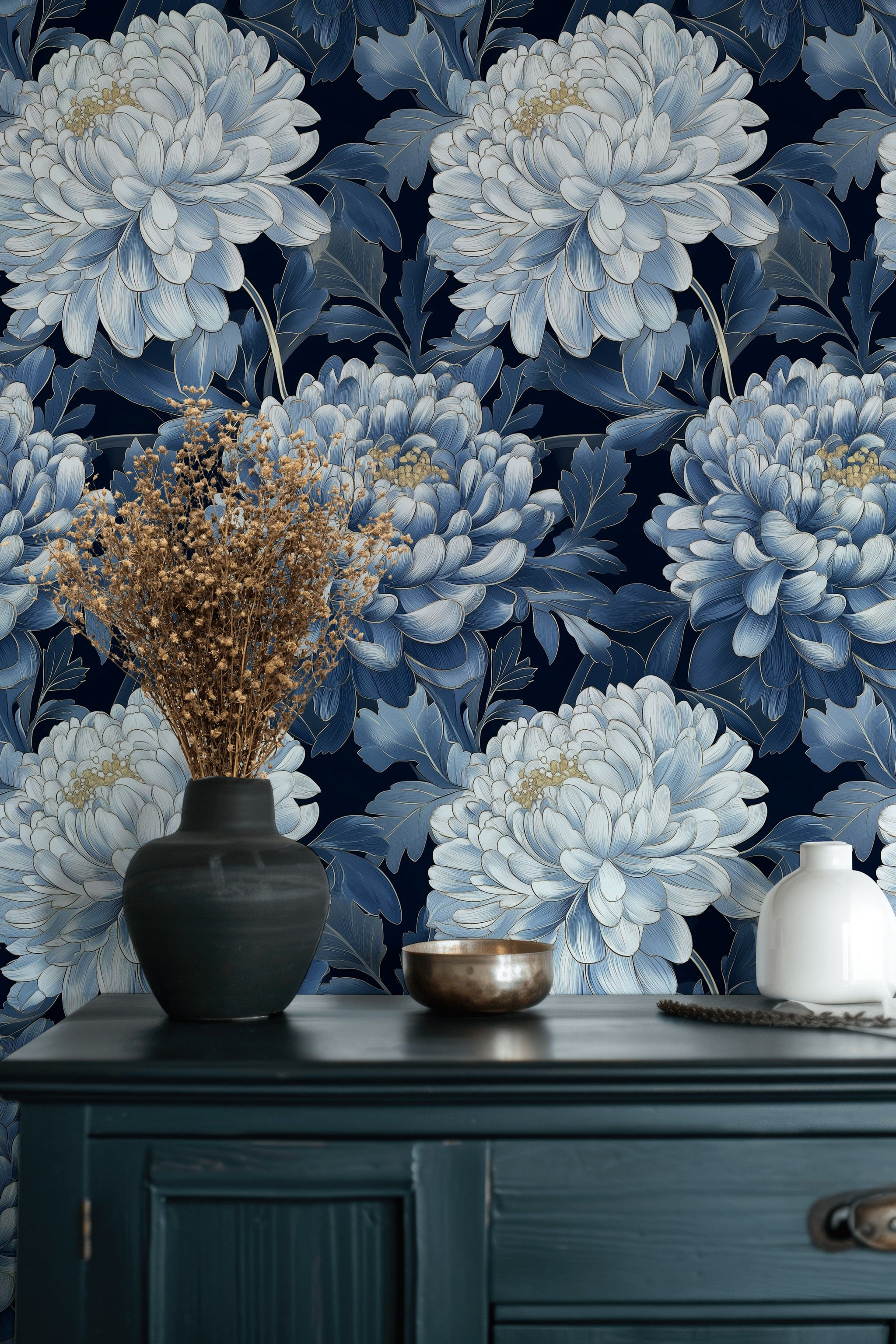 Navy Blue Bold Chrysanthemum Floral Wallpaper