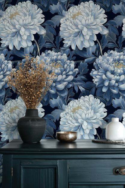 Navy Blue Bold Chrysanthemum Floral Wallpaper