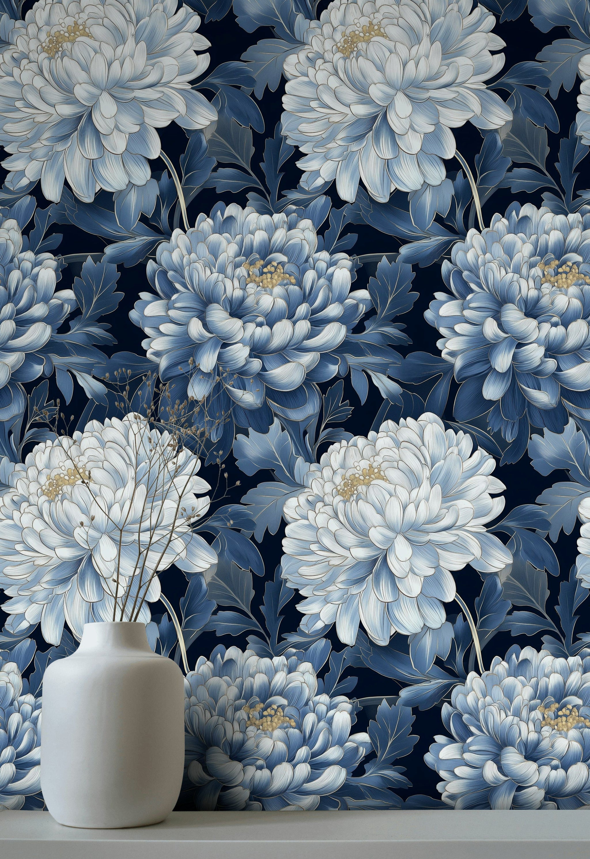 Navy Blue Bold Chrysanthemum Floral Wallpaper