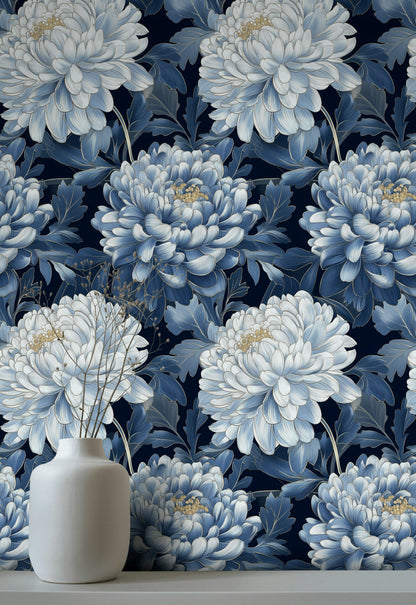 Navy Blue Bold Chrysanthemum Floral Wallpaper