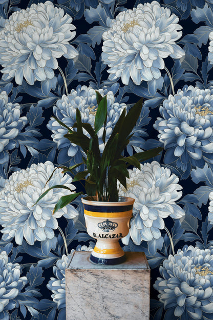 Navy Blue Bold Chrysanthemum Floral Wallpaper