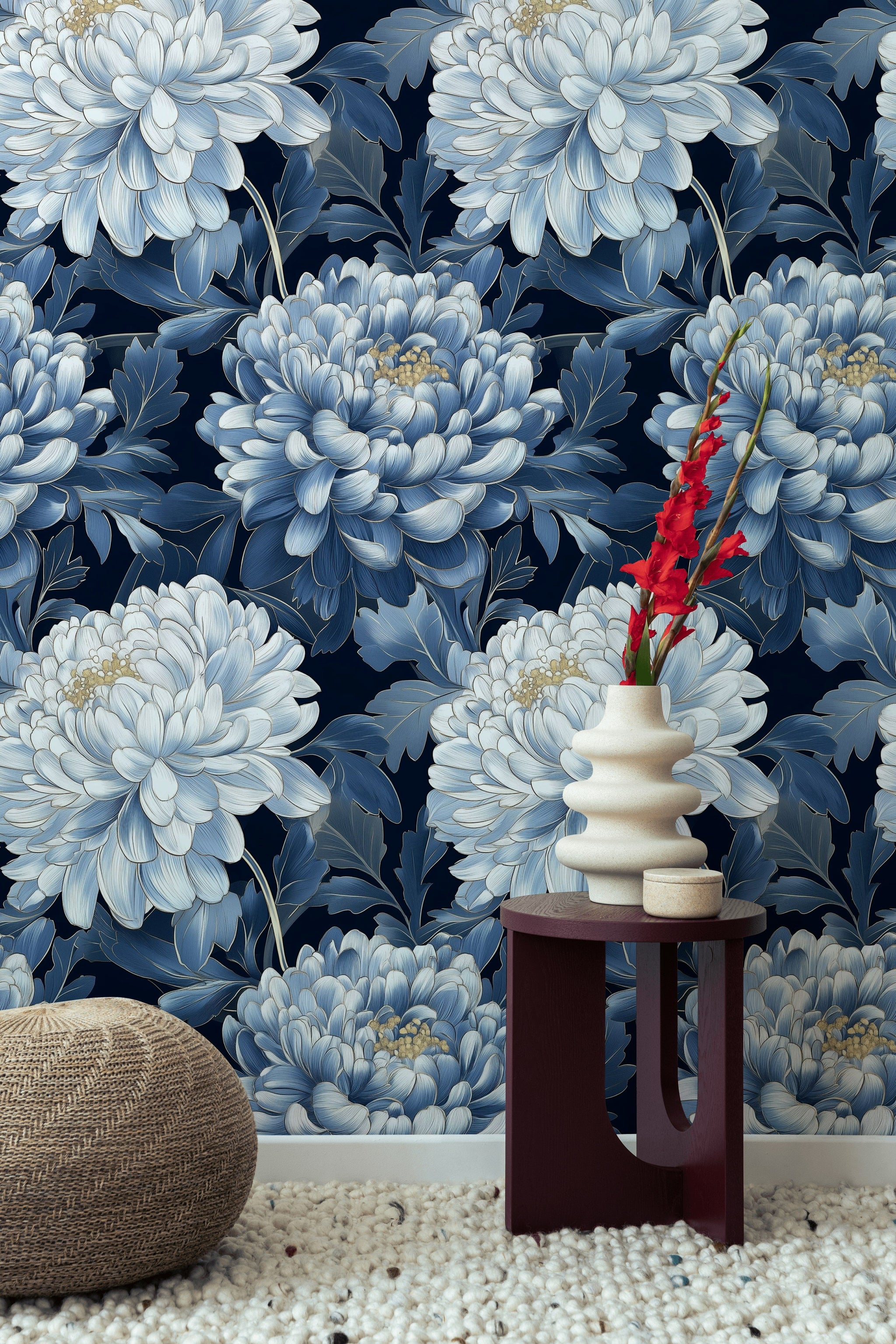 Navy Blue Bold Chrysanthemum Floral Wallpaper