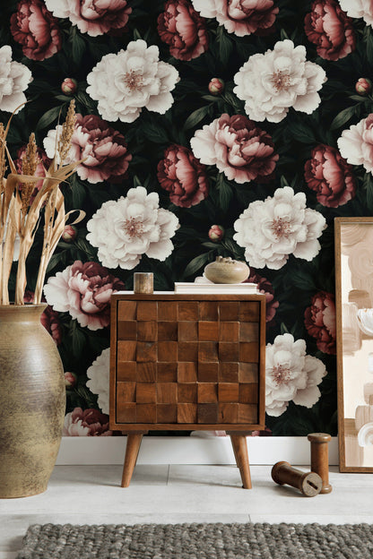 Black Dramatic Burgundy Peony Floral Wallpaper