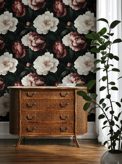 Black Dramatic Burgundy Peony Floral Wallpaper