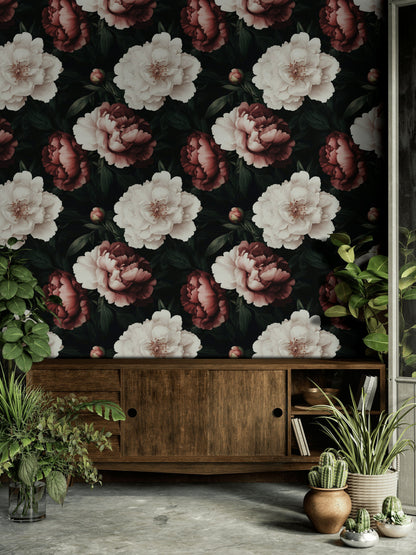 Black Dramatic Burgundy Peony Floral Wallpaper