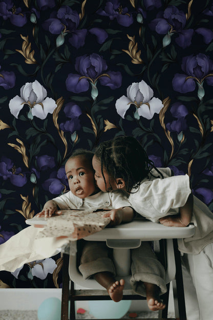 Midnight Purple Iris Large Floral Wallpaper