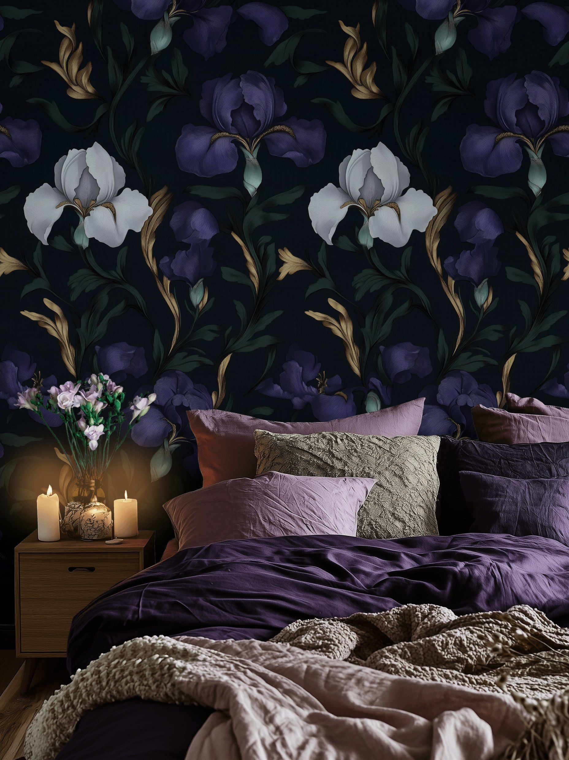 Midnight Purple Iris Large Floral Wallpaper