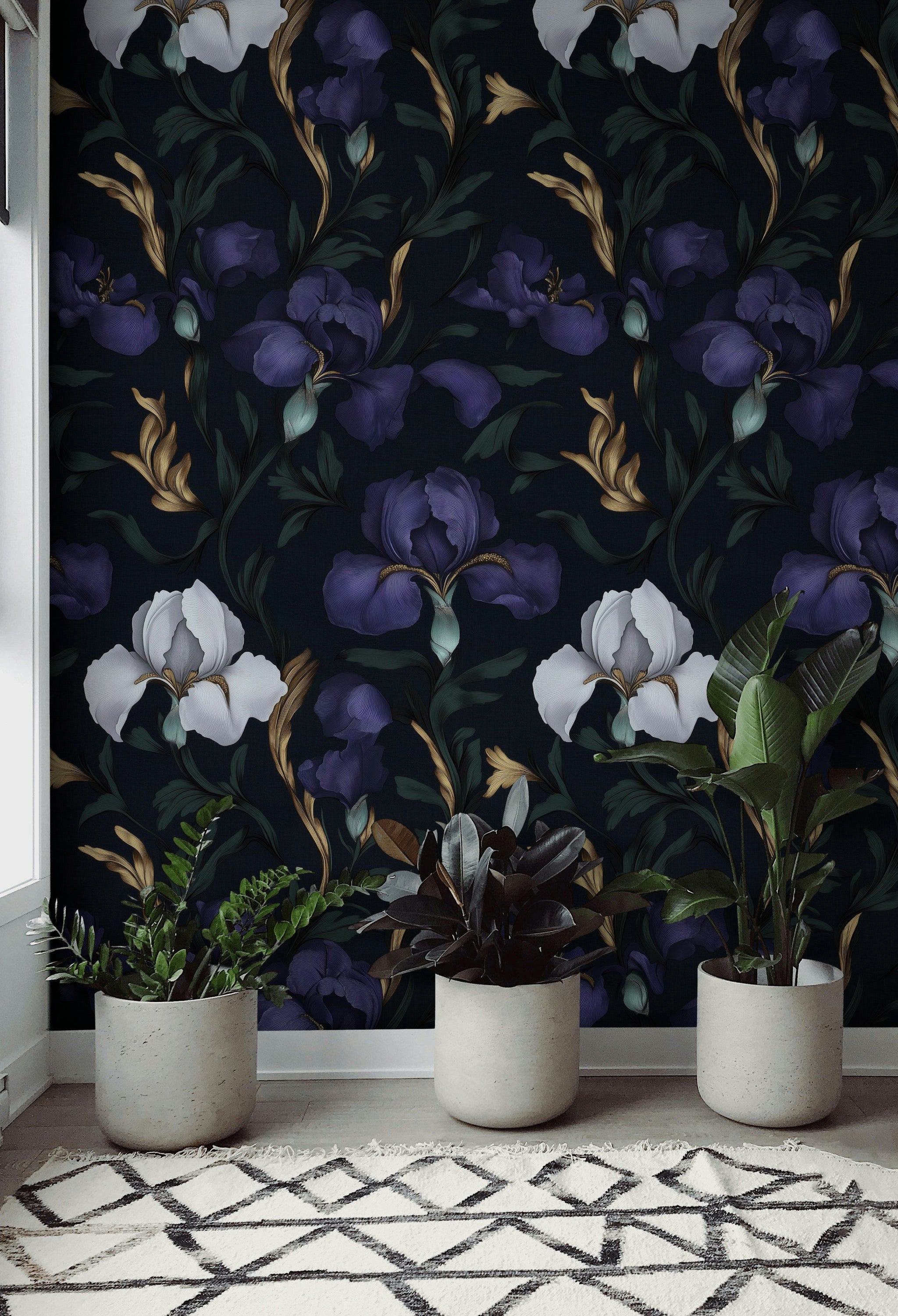 Midnight Purple Iris Large Floral Wallpaper