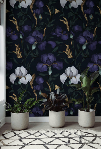 Midnight Purple Iris Large Floral Wallpaper
