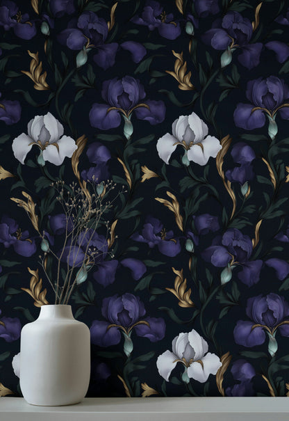 Midnight Purple Iris Large Floral Wallpaper