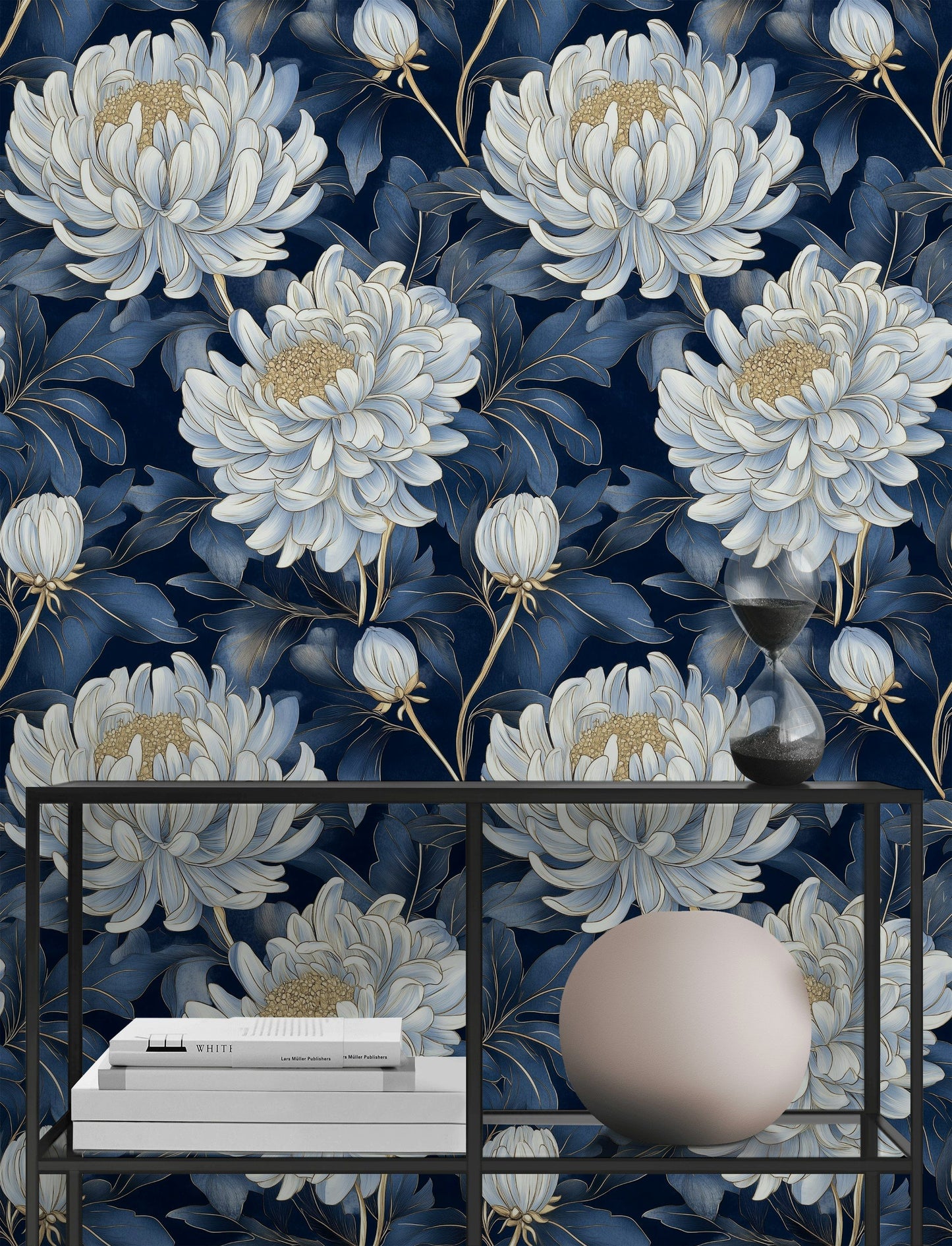 Blue Chrysanthemum Floral Wallpaper Navy and Gold Wall Mural