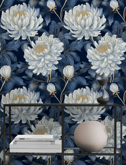 Navy Blue and Ivory Large Floral Wallpaper