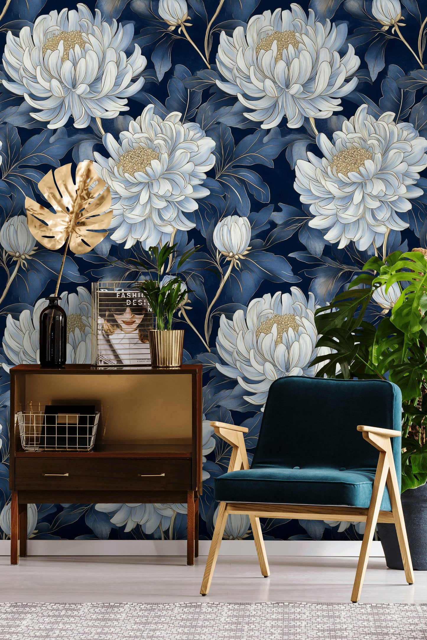 Blue Chrysanthemum Floral Wallpaper Navy and Gold Wall Mural