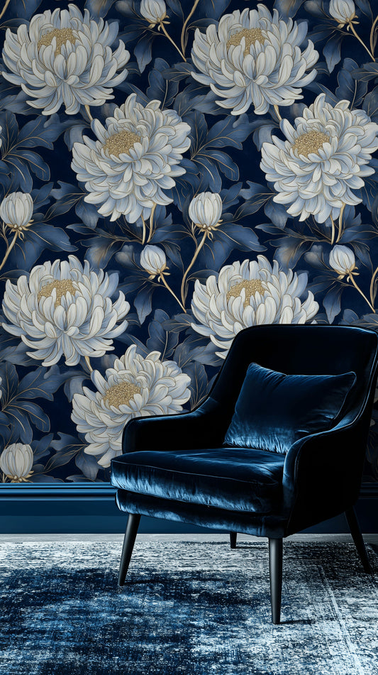 Blue Chrysanthemum Floral Wallpaper Navy and Gold Wall Mural