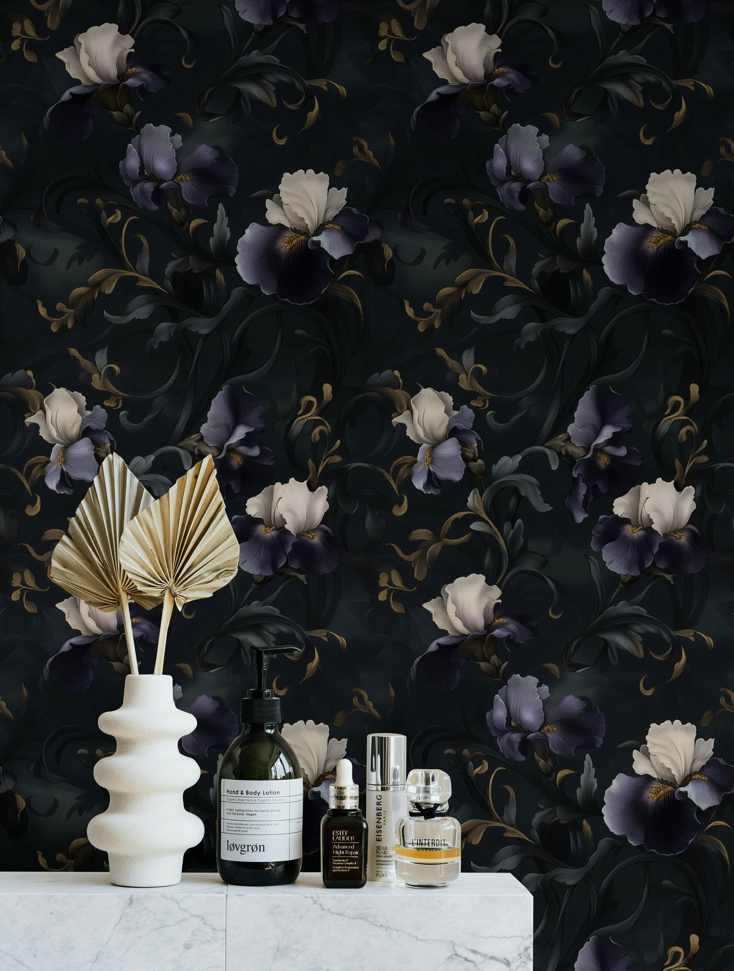 Dark Purple and Ivory Iris Wallpaper Dramatic Wall Mural
