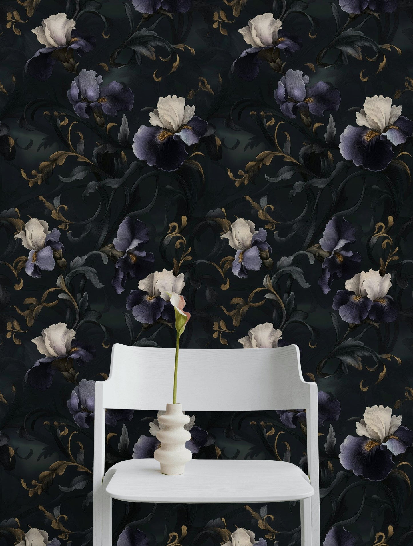 Dark Purple and Ivory Iris Wallpaper Dramatic Wall Mural