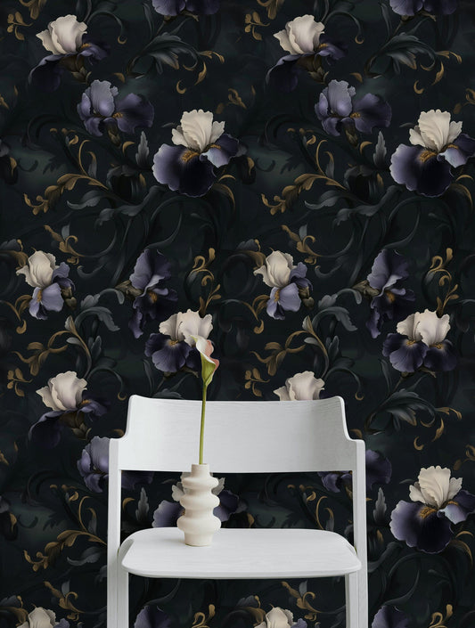 Dark Purple and Ivory Iris Wallpaper Dramatic Wall Mural