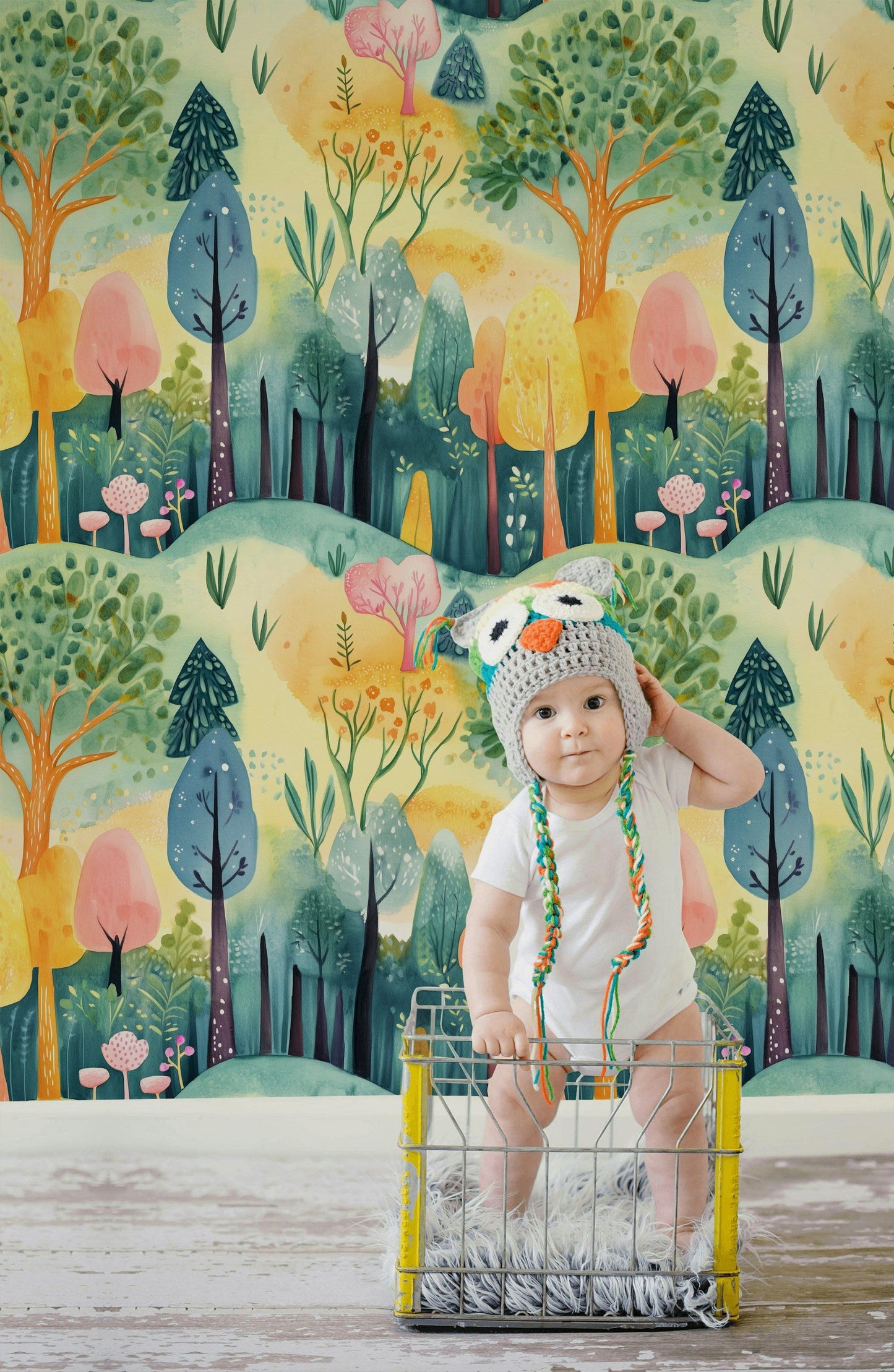 Whimsical Pastel Woodland Wallpaper Colorful Watercolor Wall Mural