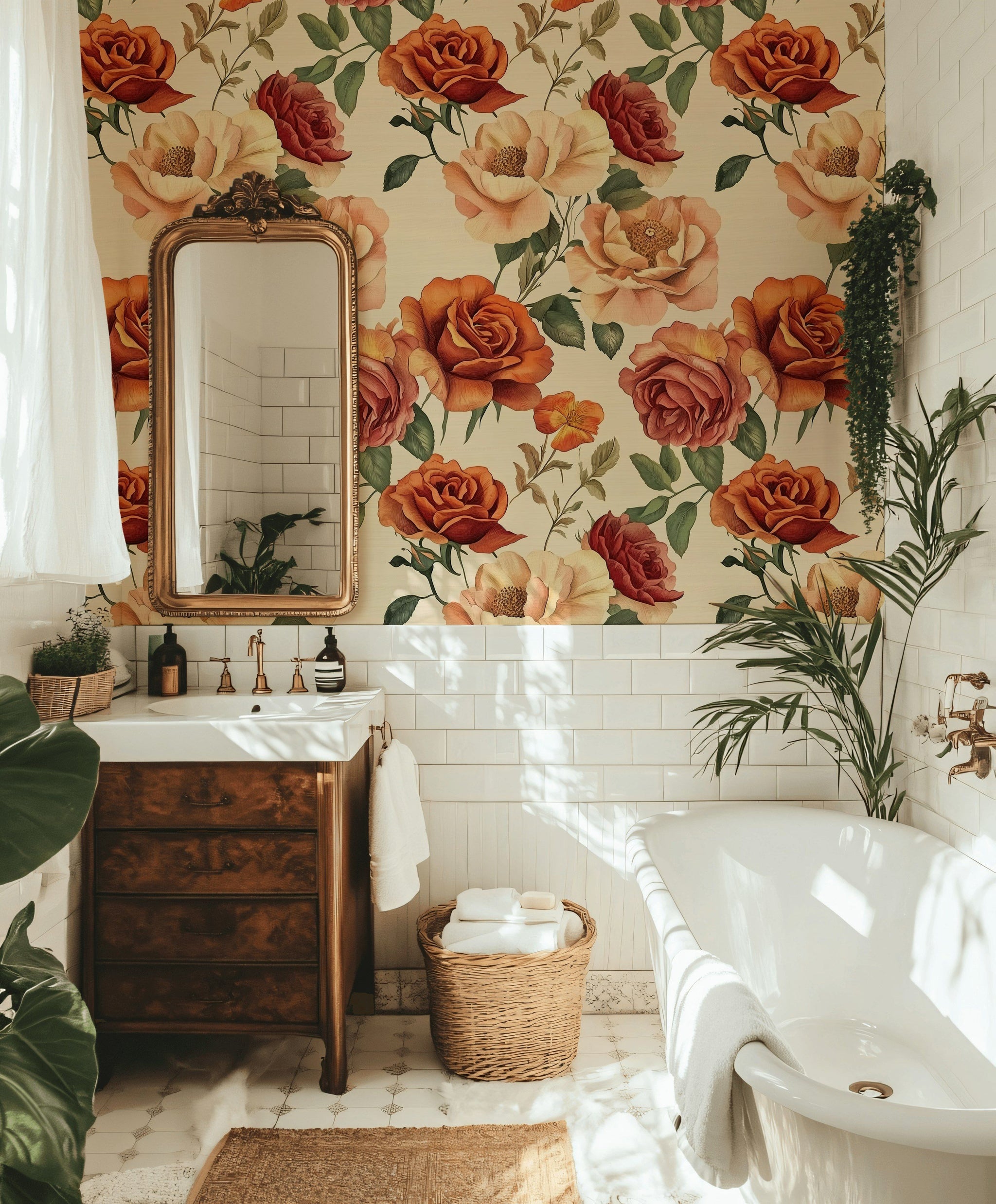 Warm Orange and Cream Rose Floral Wallpaper