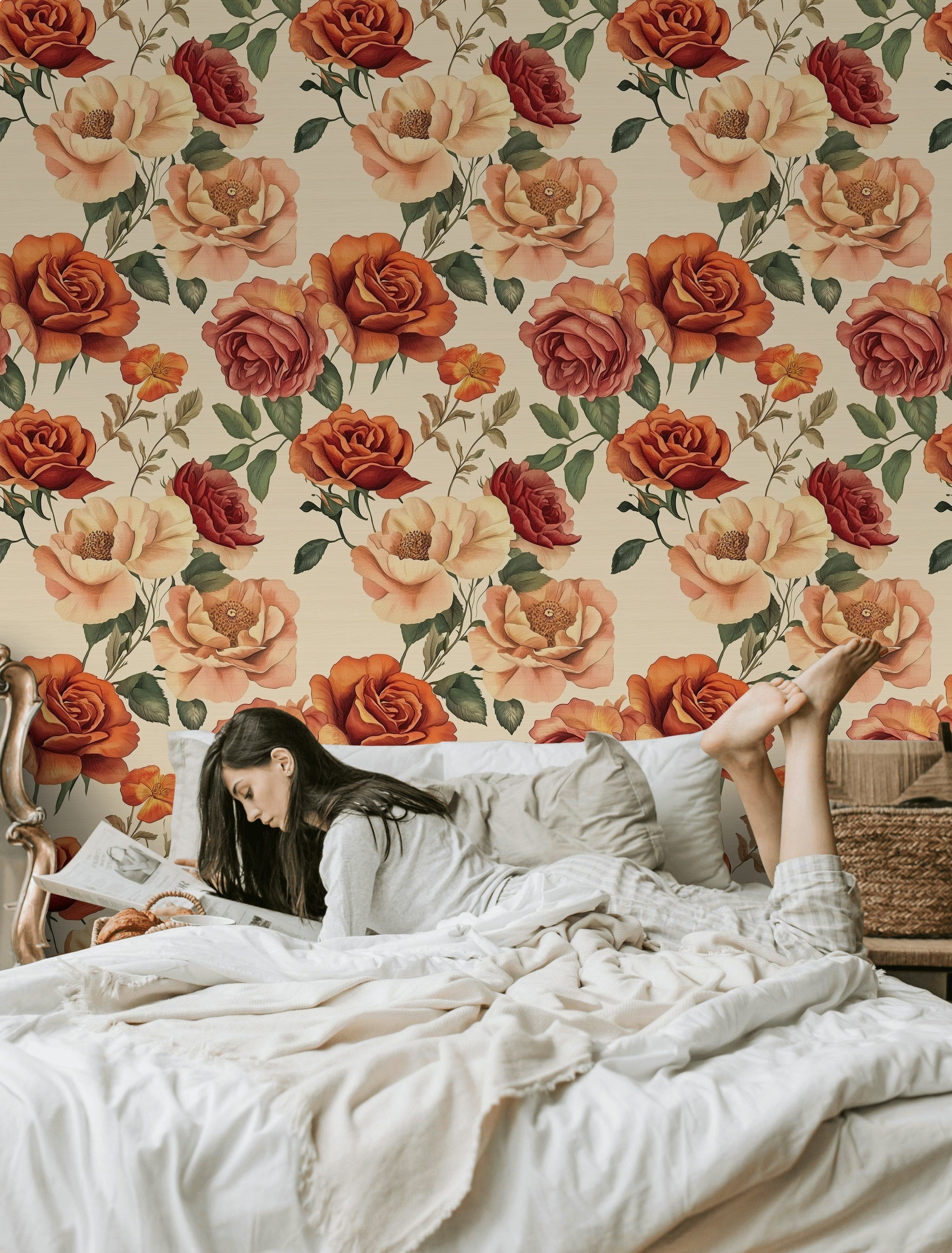 Warm Orange and Cream Rose Floral Wallpaper