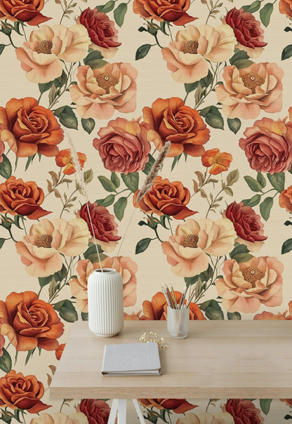 Warm Orange and Cream Rose Floral Wallpaper