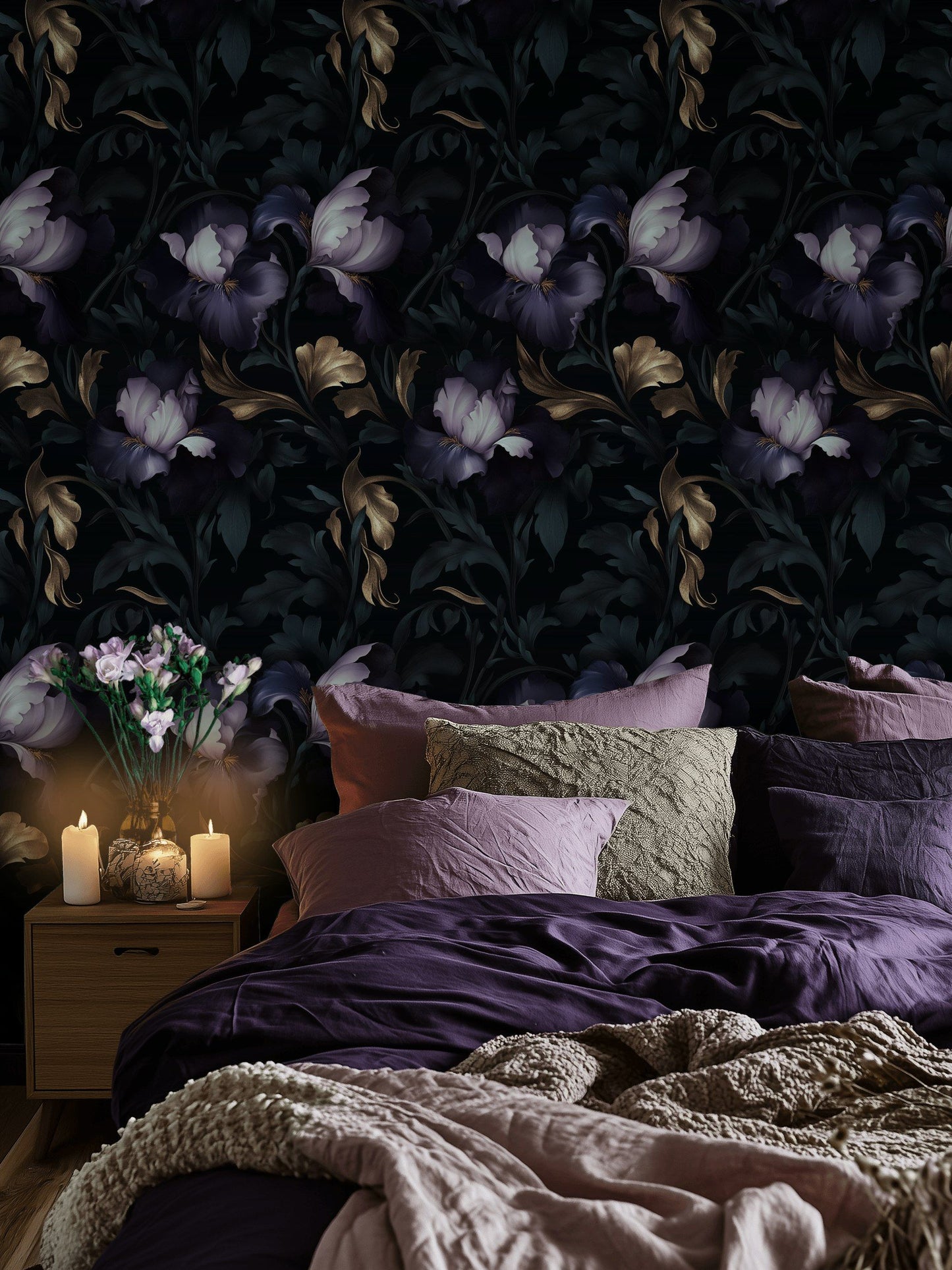 Dark Purple Iris & Gold Look Leaves Wallpaper