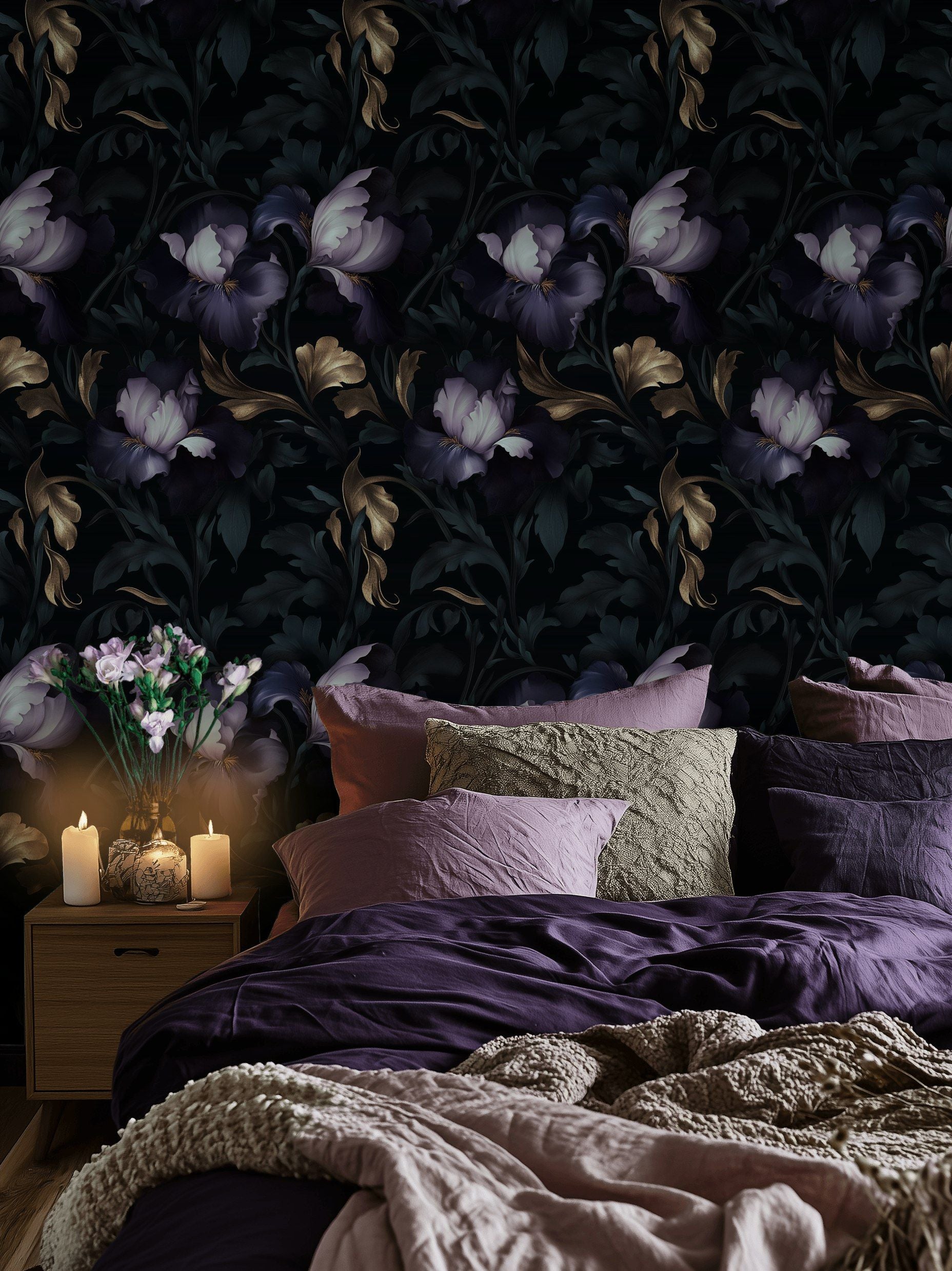 Dark Floral Elegance with Purple Blooms Wallpaper