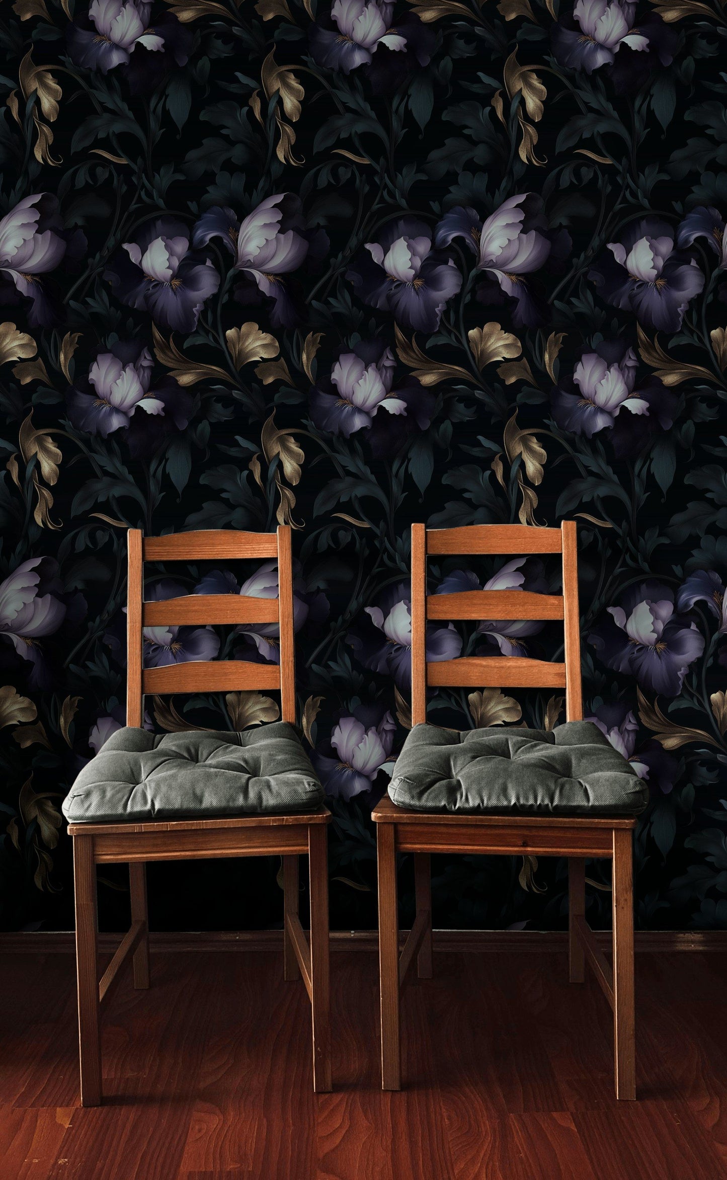 Dark Purple Iris & Gold Look Leaves Wallpaper