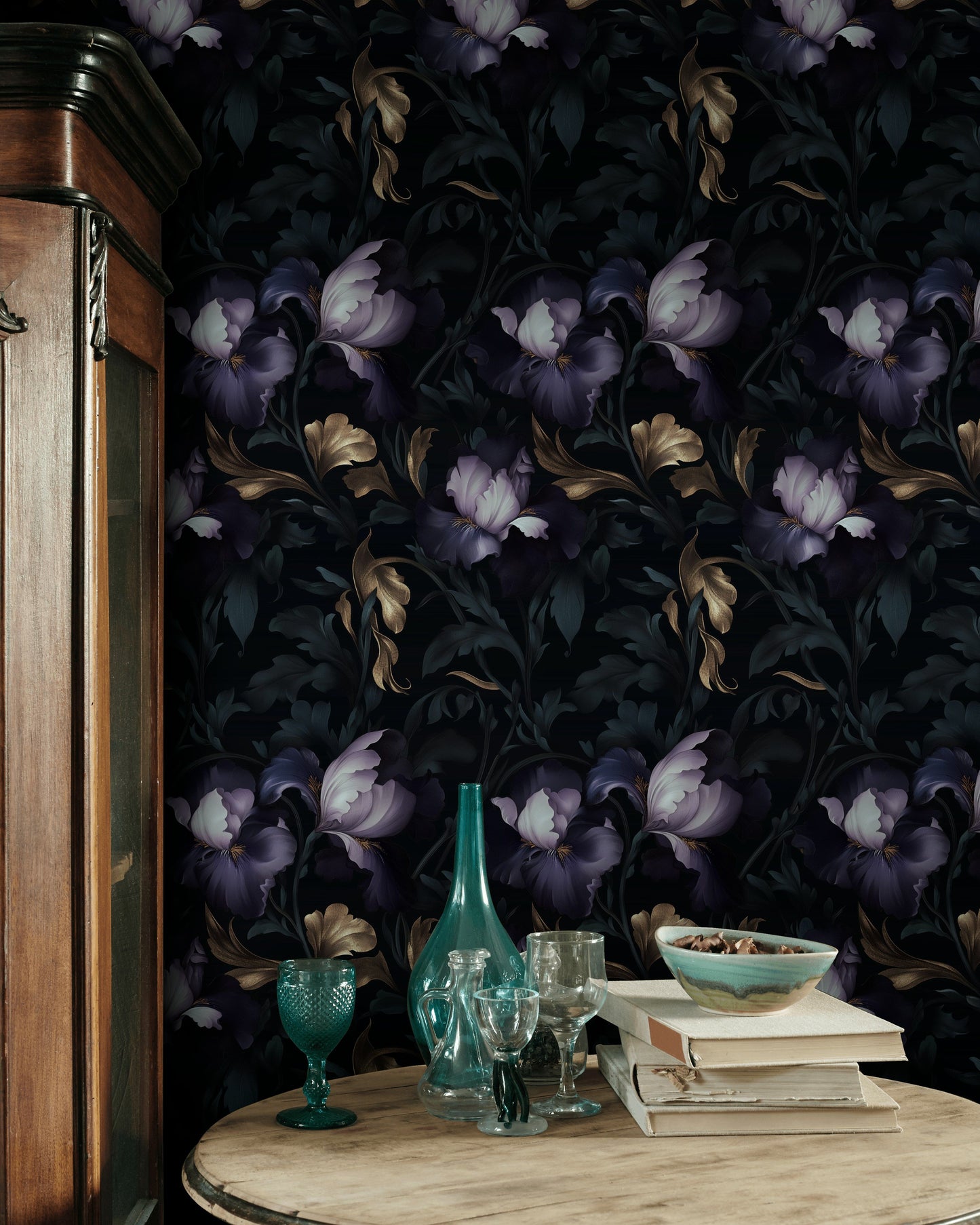 Dark Purple Iris & Gold Look Leaves Wallpaper