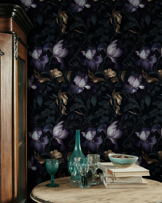 Dark Purple Iris & Gold Look Leaves Wallpaper
