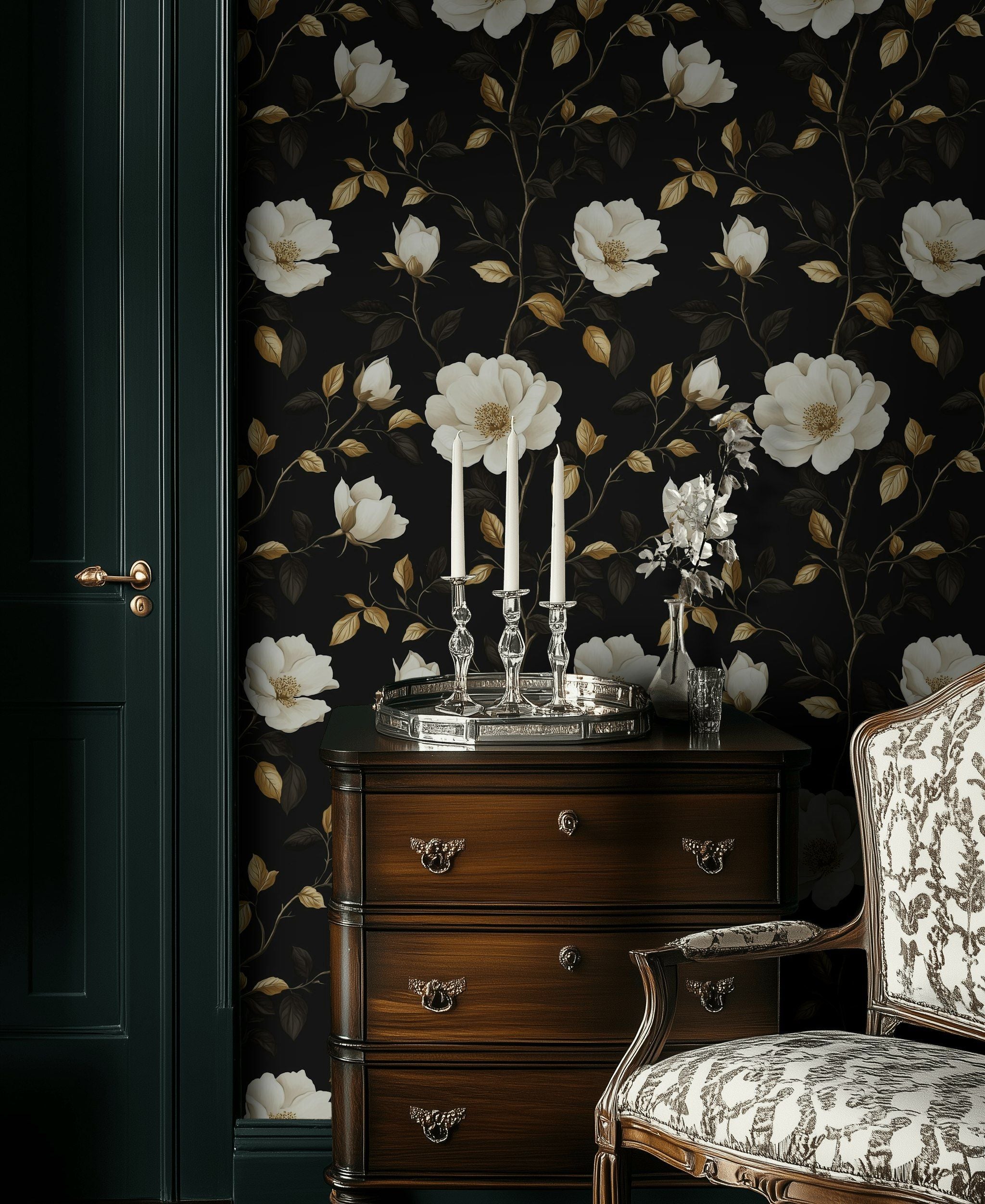 Black and Cream Large Magnolia Floral Wallpaper