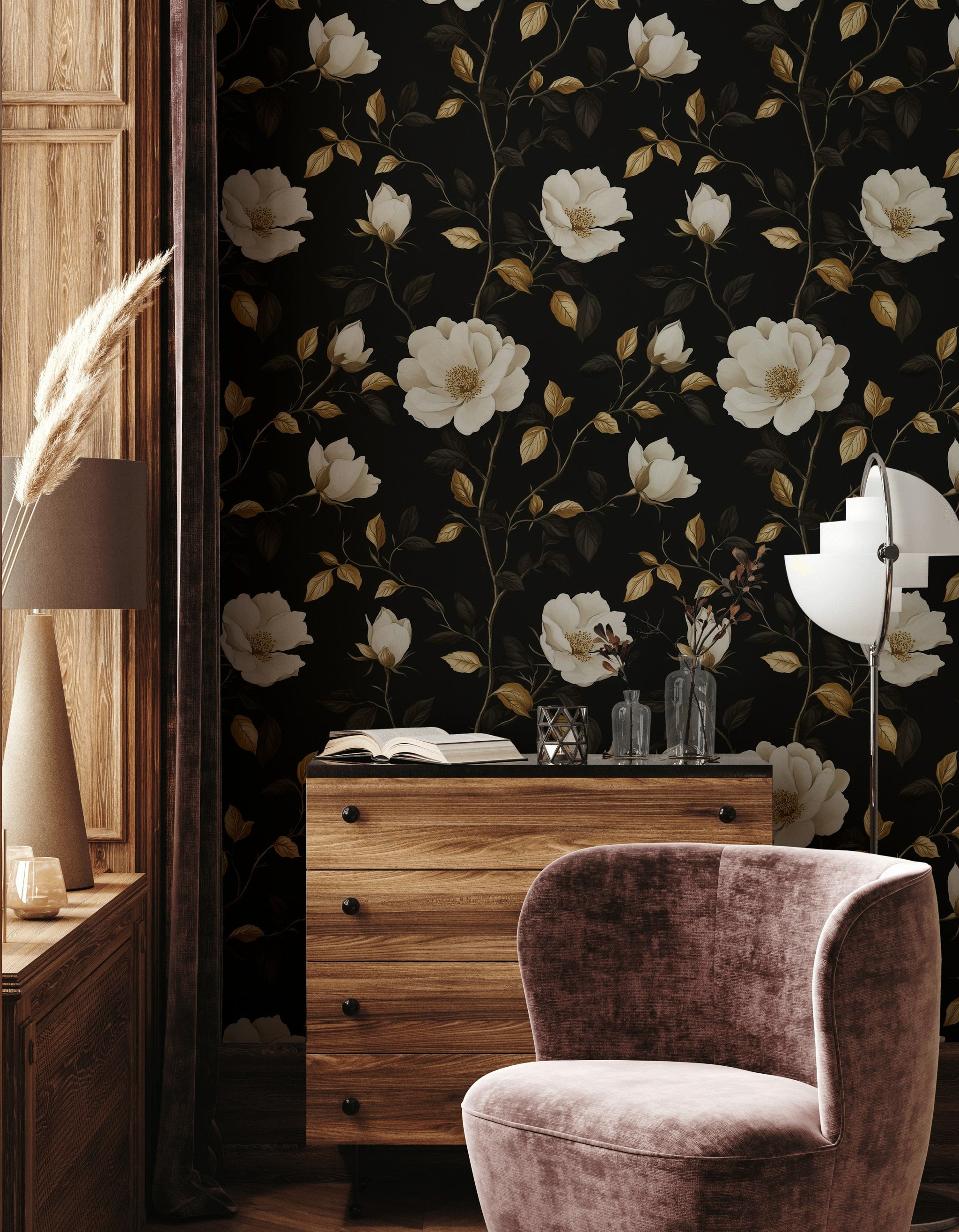 Black and Cream Large Magnolia Floral Wallpaper