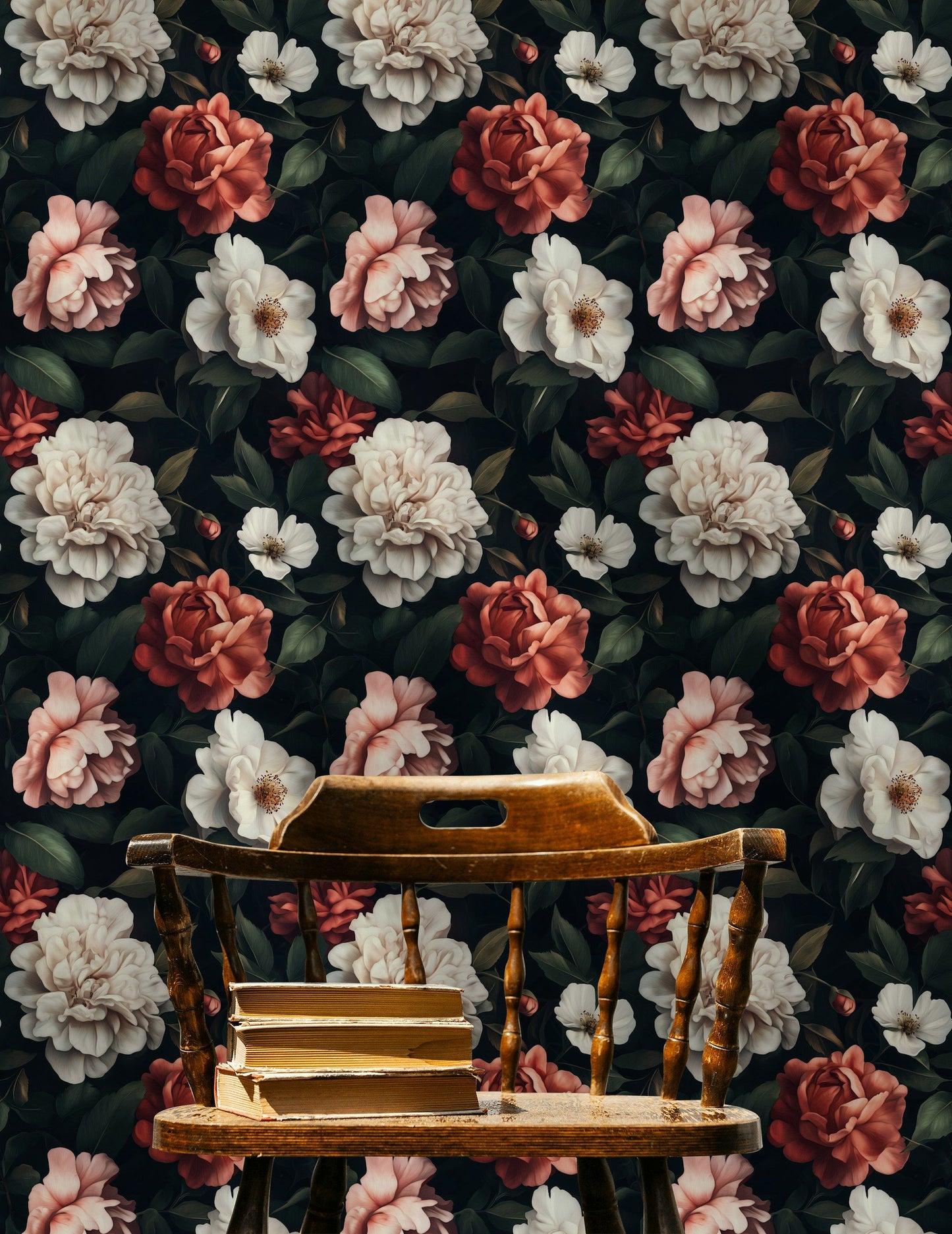 Dark Floral Camellia & Peony Wallpaper