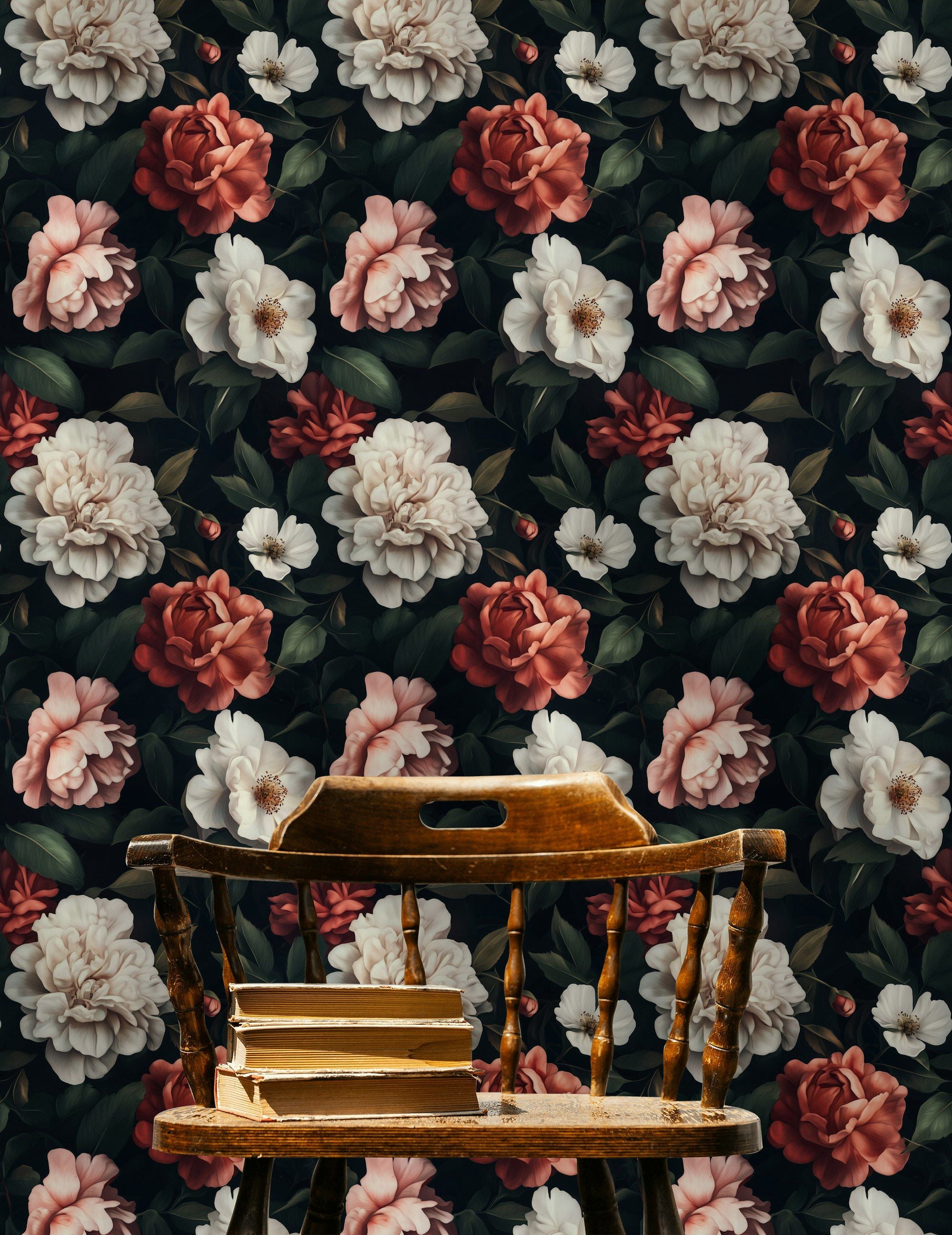 Dark Elegance Red and White Rose Floral Wallpaper