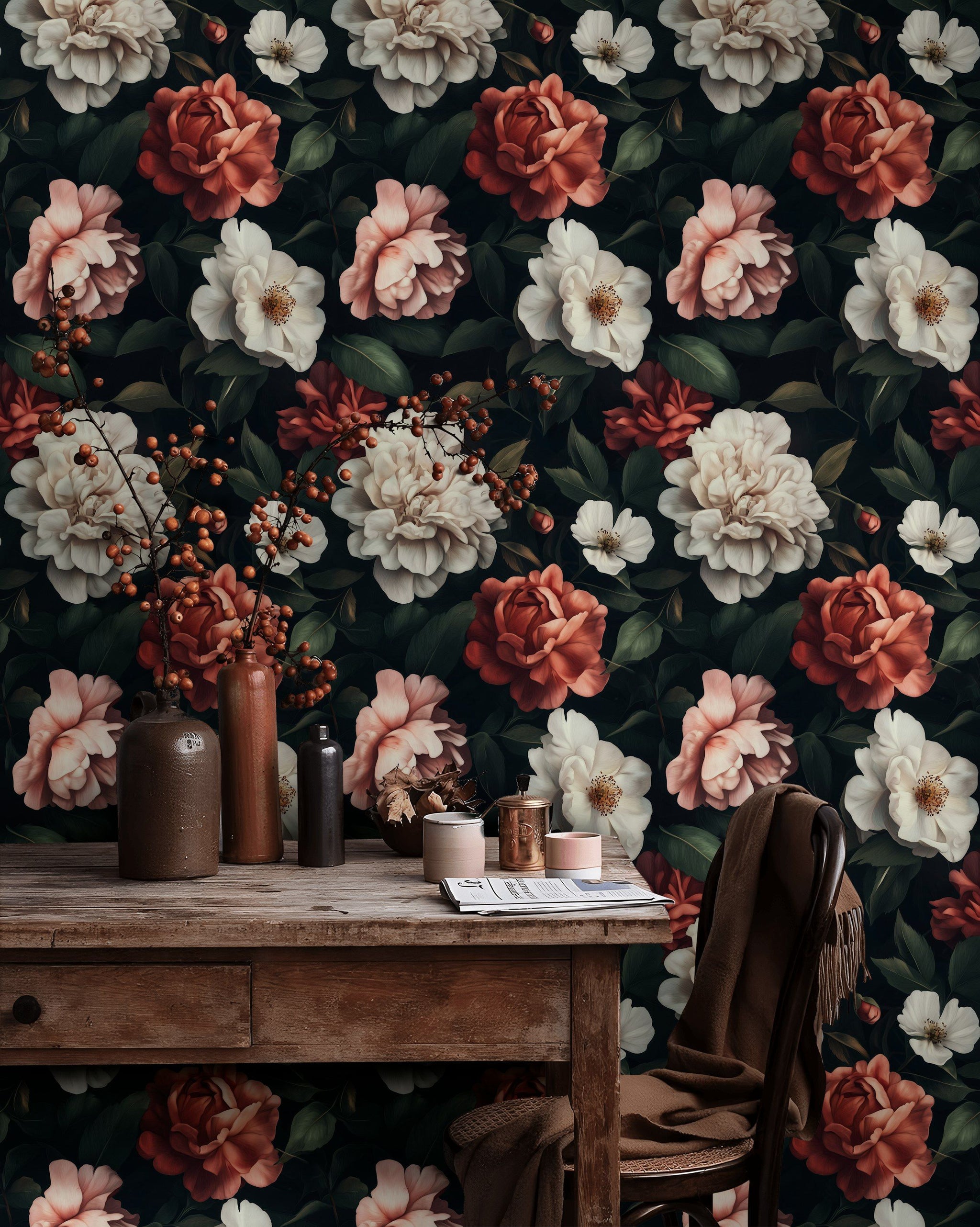 Dark Elegance Red and White Rose Floral Wallpaper