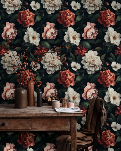 Dark Elegance Red and White Rose Floral Wallpaper
