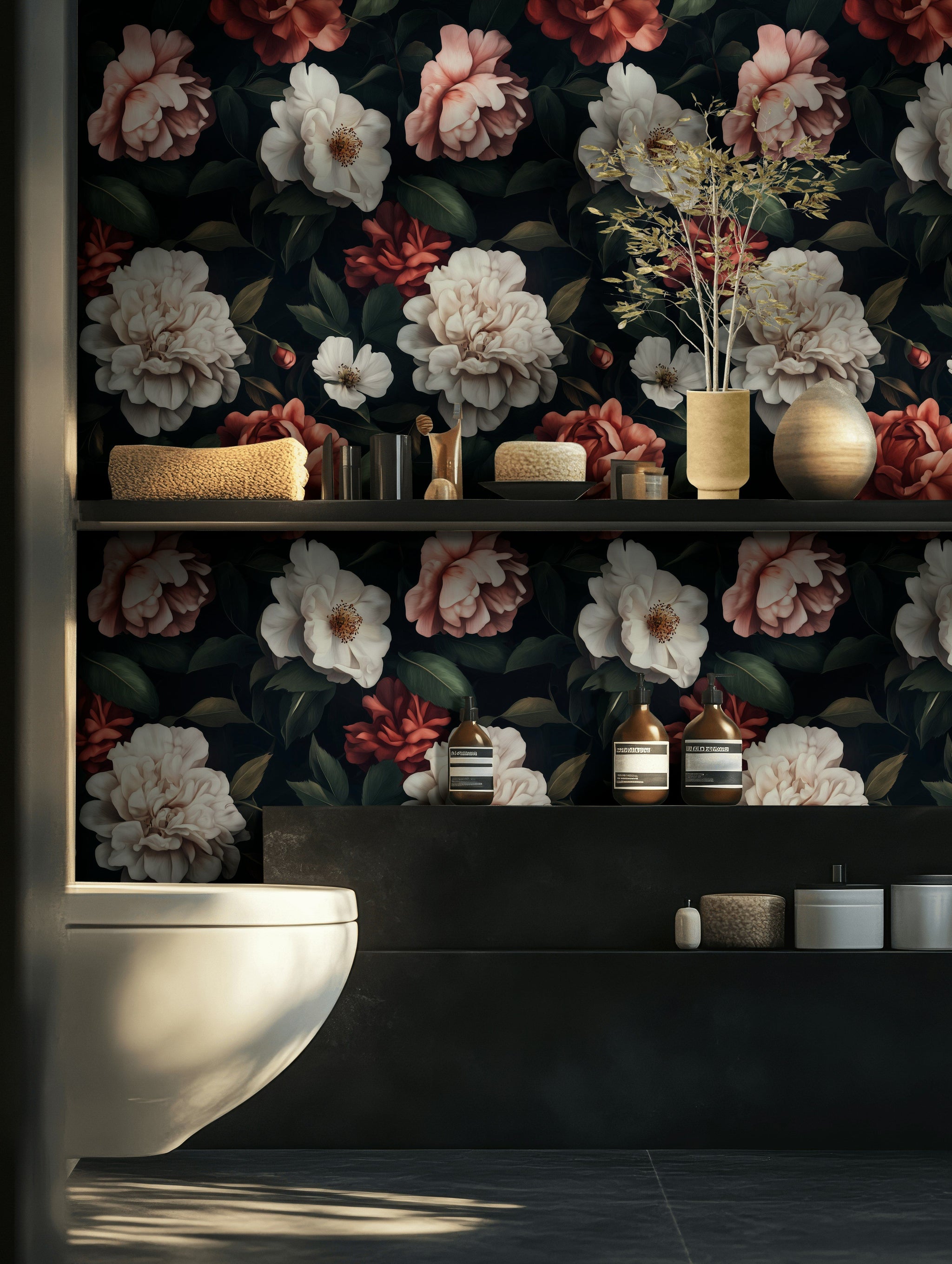 Dark Elegance Red and White Rose Floral Wallpaper