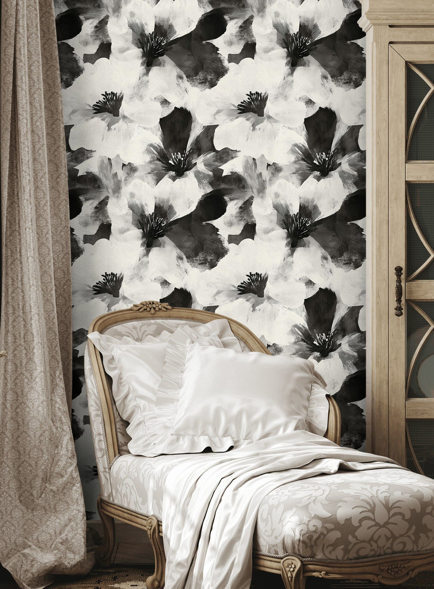 Black & White Floral Wallpaper Modern Monochrome Wall Mural