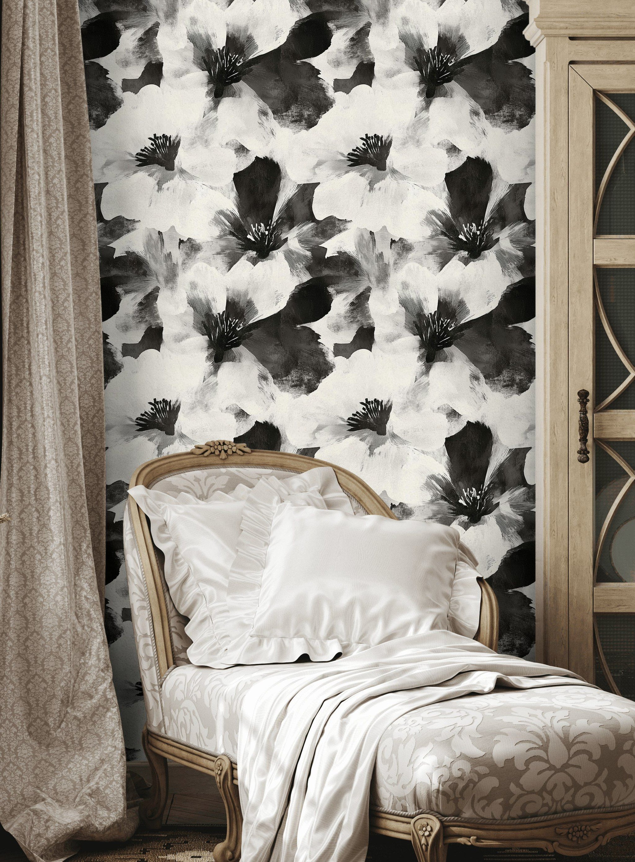 Monochrome Large Floral Brushstroke Wallpaper