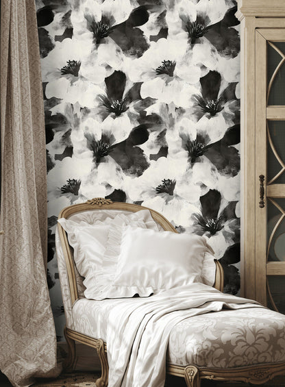 Monochrome Large Floral Brushstroke Wallpaper