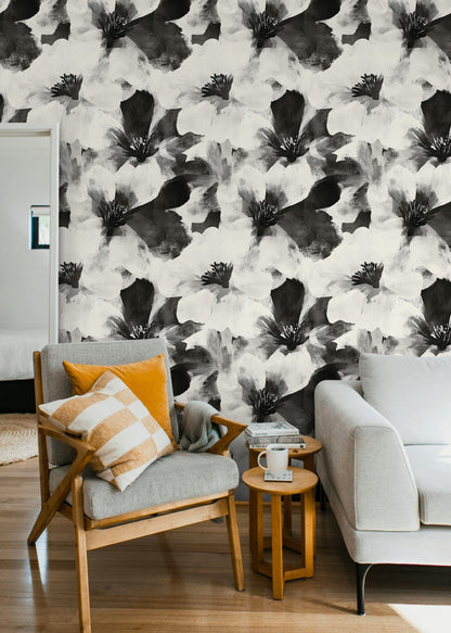 Monochrome Large Floral Brushstroke Wallpaper
